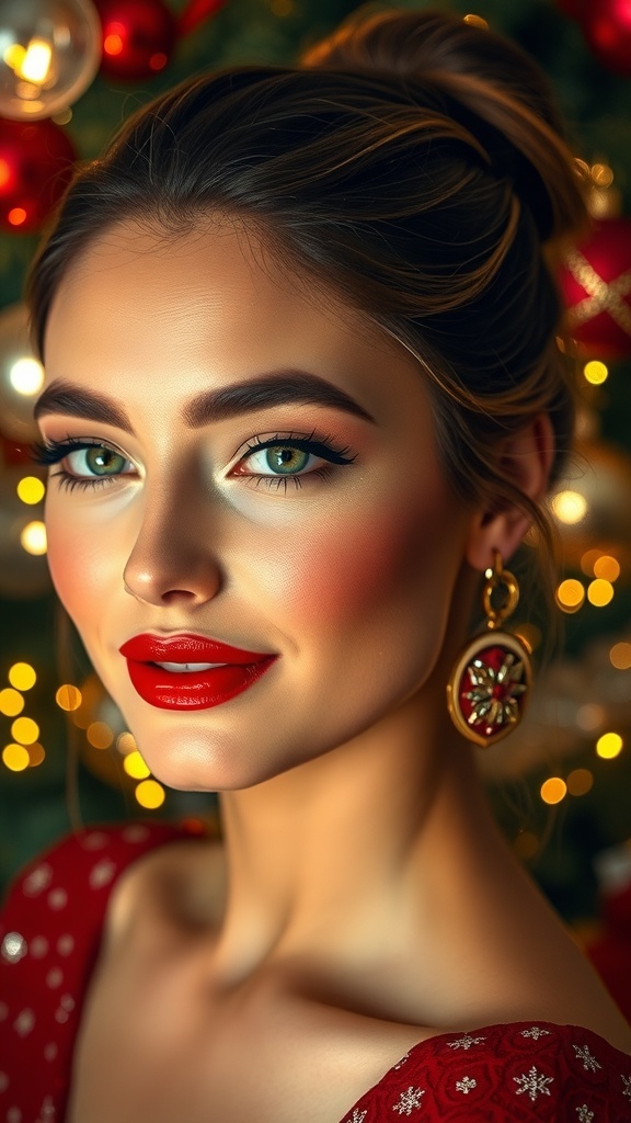 Festive red Christmas makeup with sparkling eyes and bold red lips, set against a holiday-themed background.